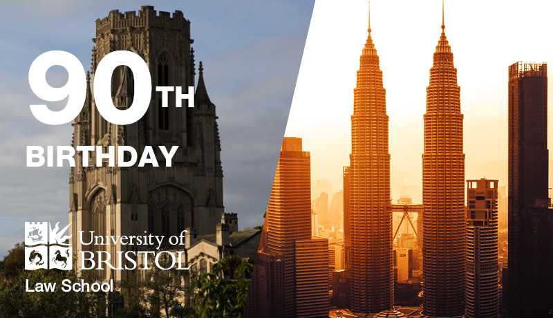 One image side shows the Petronas Twin Towers in Kuala Lumpur, Malaysia, the other the University of Bristol Law School Wills Memorial Building tower, with the text: